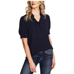 CeCe Navy V-Neck Ruffle Top with Bow size XS